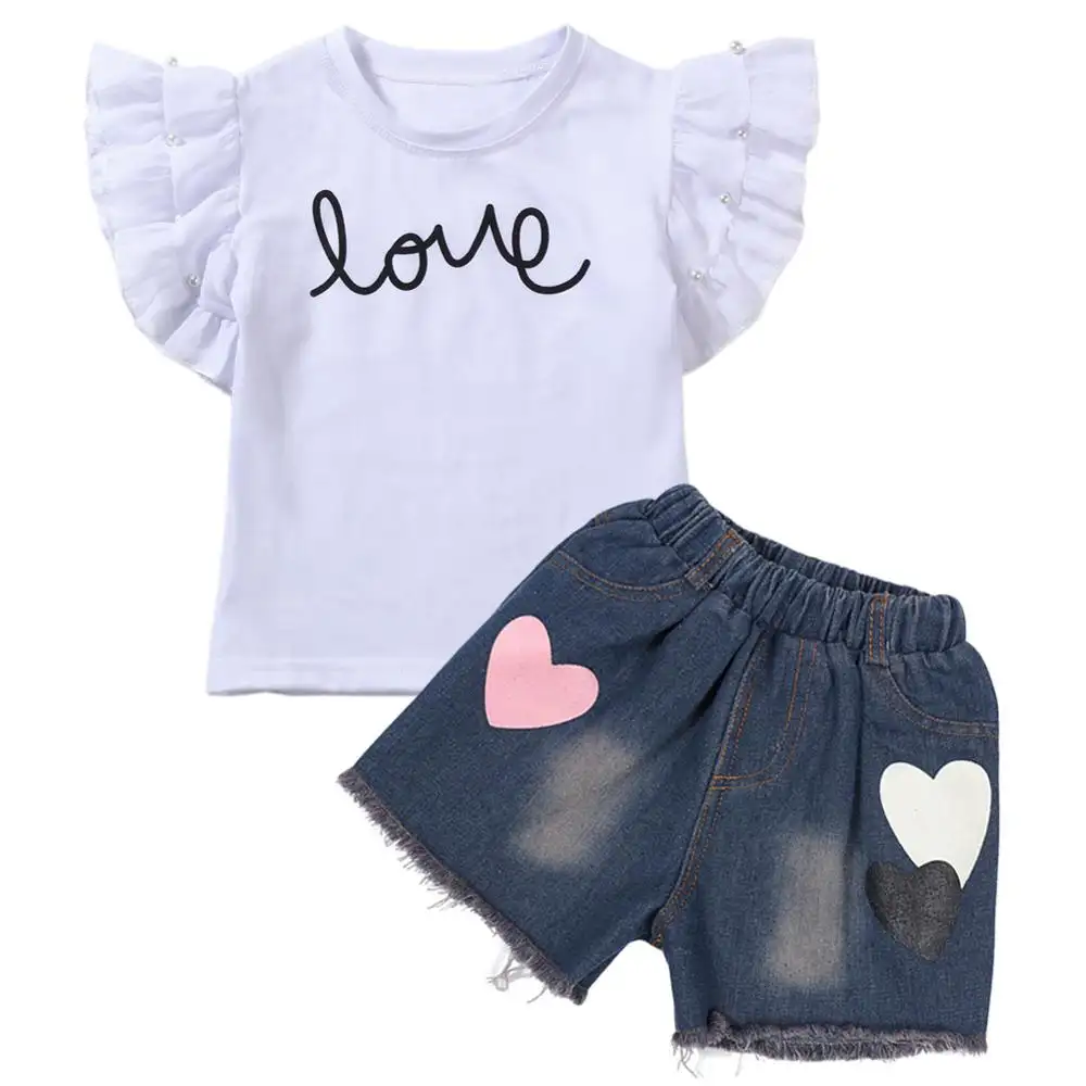 Hao Baby Summer Children's Wear Beaded Flying Sleeve Letter T-Shirt + Love Jeans Two-Piece Set