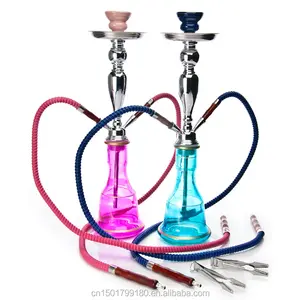 透明玻璃瓶 Hookahs 红色蓝色吸烟 2 软管与高品质水烟配件 Shisha EKJ H1005