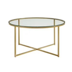 金色圆形玻璃茶几，带X基可定制顶部，有木石和玻璃制成，为您的家居装饰增添奢华