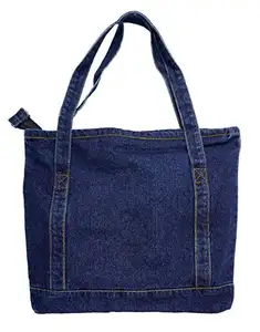 Tas Kanvas 2021 Tas Bahu Tote Denim Tas Belanja Sekolah Perjalanan Saku Besar (Biru)