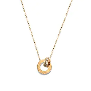 Hohe Qualität Frauen Schmuck 18 karat Gold Überzogene Edelstahl Kristall Doppel Ring Römischen Zahlen Aussage Halskette