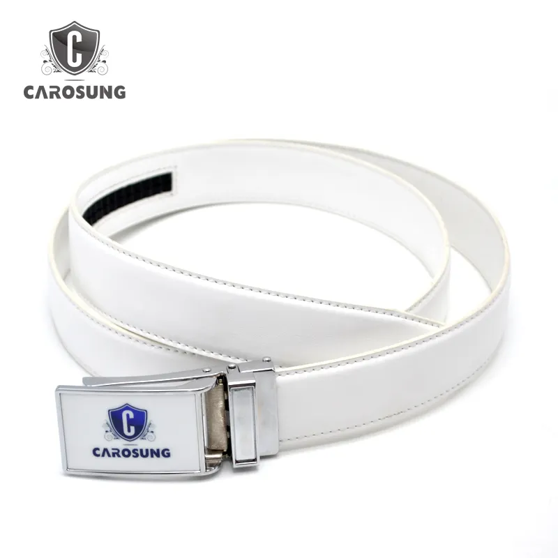 Wholesale Printed White Belt Business Style Cowhide Golf Accessories Ratchet Buckles Belt with Custom Golf Club Logo