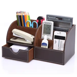 Kantoor Bureau Accessoires Bruine Multifunctionele Lederen Pen Potlood Houder Diverse Opbergdoos