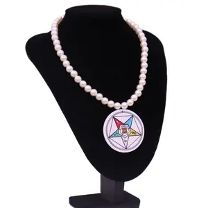 Wholesale custom greek sorority fraternity wood pendant jewelry necklace Order of the Eastern Star OES wooded pearl necklace