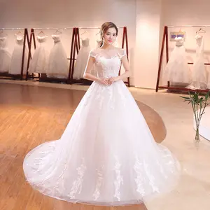 最新珍珠花蕾丝白色新娘婚纱礼服长火车新娘婚纱礼服