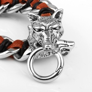Acero inoxidable de la cabeza del lobo de la cadena cubana pulsera trenzada cuero cuerda pulsera Negro Marrón Plata - Product Image 4