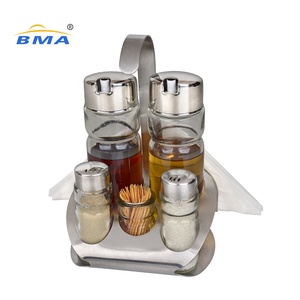 Set di Contenitori in Acciaio Inox per Condimenti, Spezie e Zucchero con Portastuzzicadenti, Oliera, Acetiera, Saliera e Pepiera con Portatovaglioli - Product Image 1