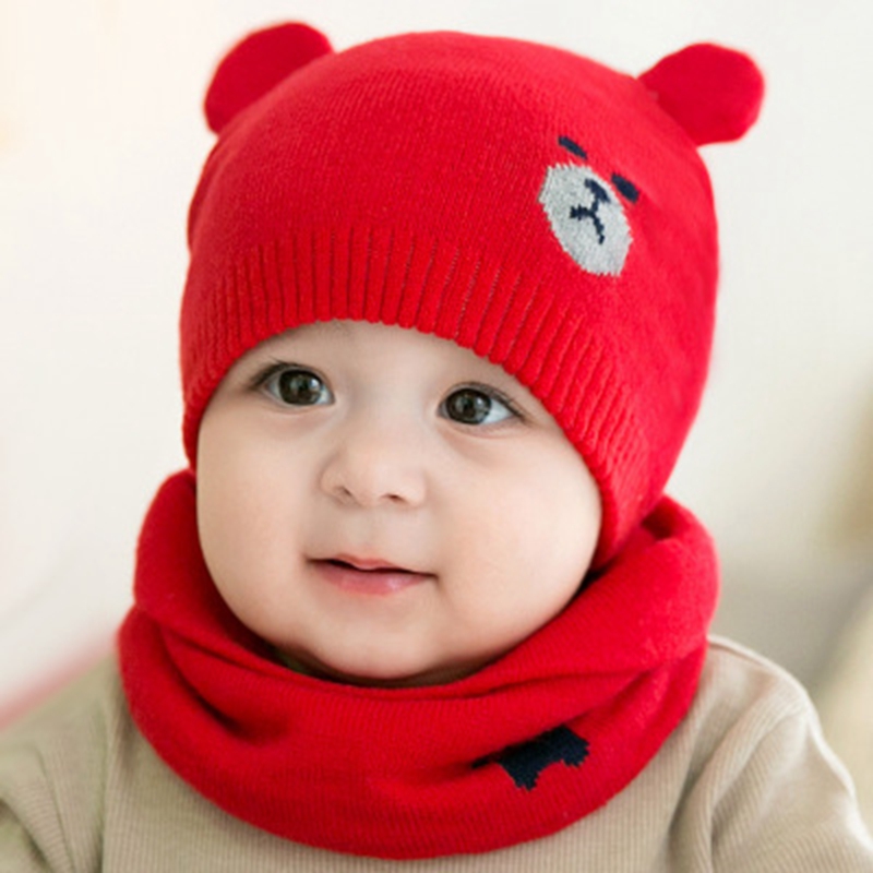 NewbornベビーHats Knitted Warm Cap Bear Round Machine Caps Protects Ear Bonnet Baby Winter Caps + Scarf Suits 2ピース/セット