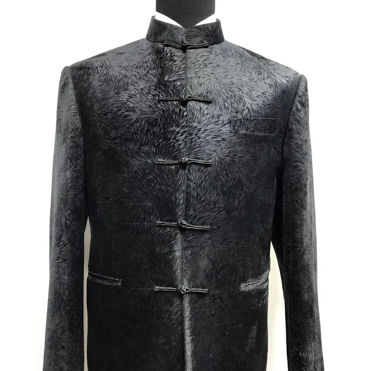 दर्जी चीनी शैली सूट माओ शैली चीनी शैली स्टैंड कॉलर पुरुषों सूट काले प्रिंट tuxedos चीनी बटन जैकेट पैंट