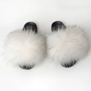 Wholesale Luxury Cute Soft Fleece Real White Raccoon Fur House Shoes Slides Fluffy Fashion Fur Slippers