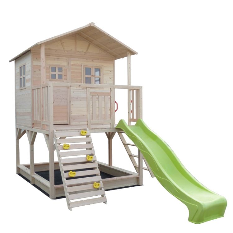 Wooden Cubby House with Green Slide and Sandpit IWOOD