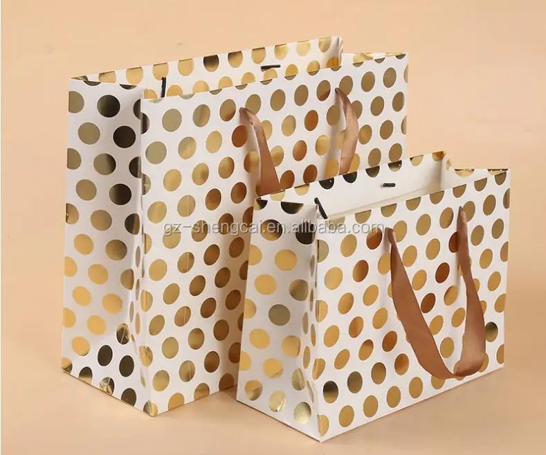 Impression personnalisée de luxe, design unique, papier cartonné blanc à pois, sacs à provisions en feuille d'or avec votre propre logo