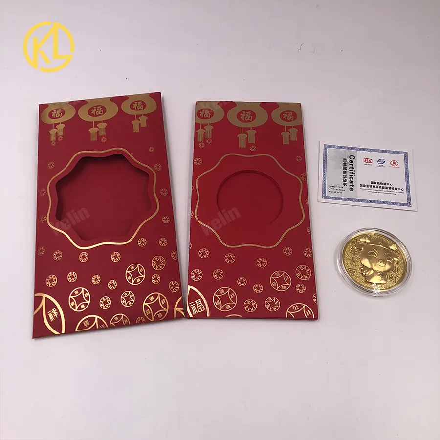 HB001-1 Gaya China Beruntung Uang 24K Foil Emas Koin Hongbao Tahun Babi Hadiah Terbaik untuk Anak-anak dan Hadiah Pernikahan
