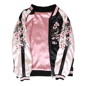 가을 패션 여성 꽃 자수 긴 소매 캐주얼 새틴 자켓 핑크 폭격기 코트