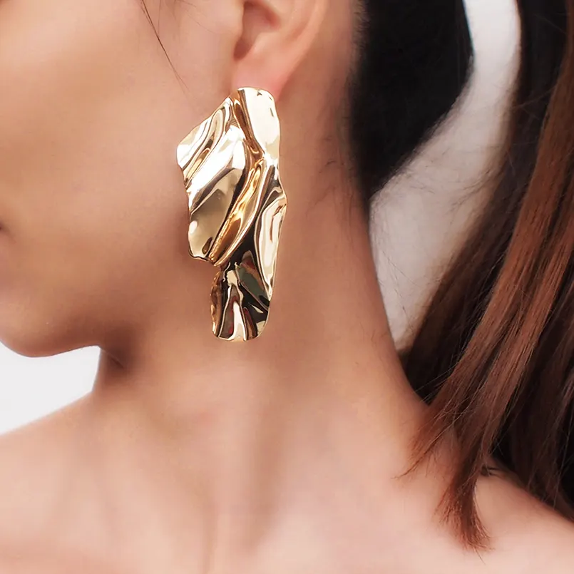 Boucles d'oreilles à clous en métal irrégulier pour femme, grandes boucles d'oreilles tendance, bijou cadeau, couleur argent, doré, accessoires 2020