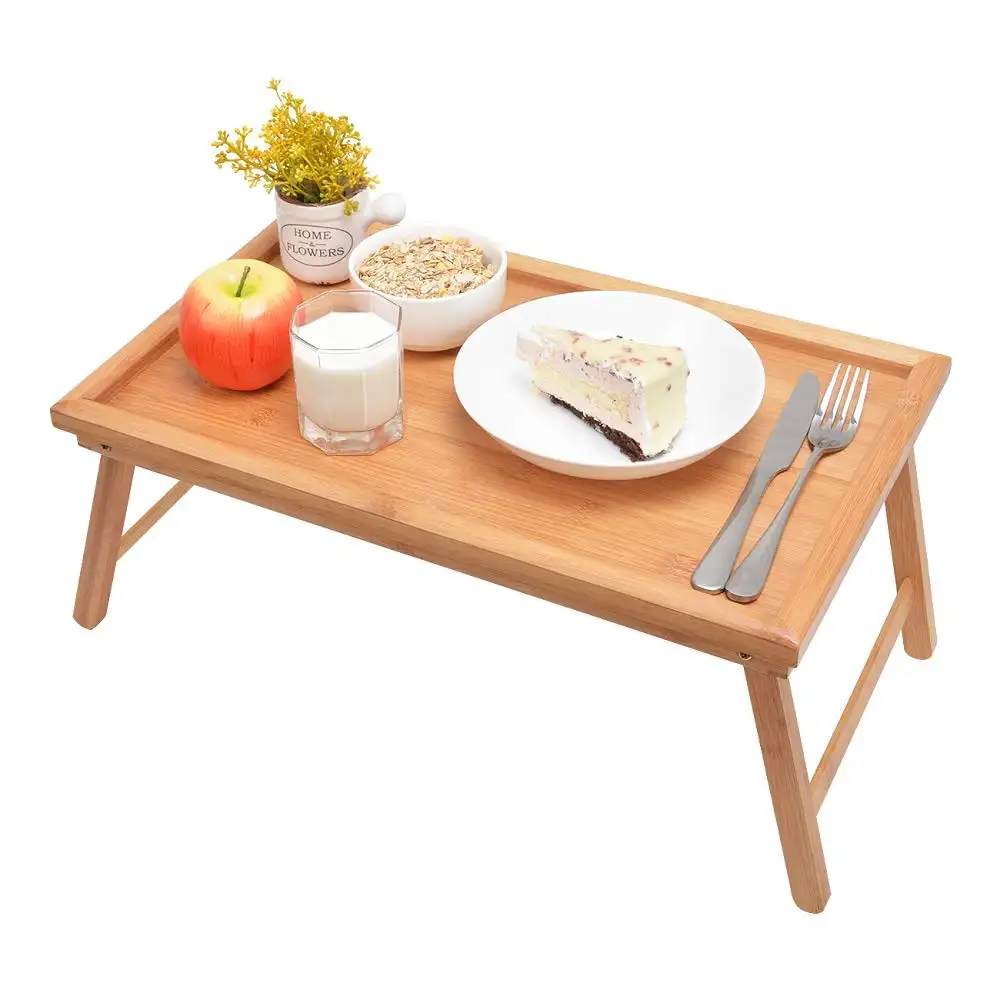 Good Quality Bamboo Breakfast Bed Tray Foldable Food Serving Bed Tray with Handle Portable Laptop Snack Tray with Folding legs