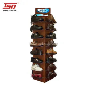Custom free standing wooden shoes product display fixtures equipment rack stand for stores