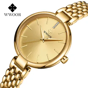 金手镯 WWOOR 品牌手腕女性最新手新设计时尚手表热卖迷你女士手表