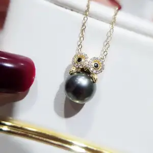 Natural Tahitian Black Pearl necklace 925 sterling silver jewelry the cute owl Necklace accessories women real pearl jewelry