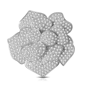 Design clássico de jóias de luxo de ouro e prata banhado cheio de strass CZ cubic zirconia flor broche