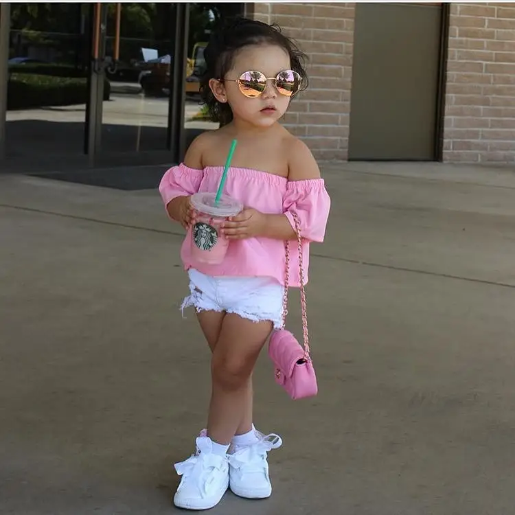 Einzigartige Kinder kleidung Baby Mädchen Kleidung Sets Sommer Mädchen Denim kurze rosa Wort Schulter mantel weiß s Kinder kleidung