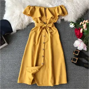 Vestido de verão para mulheres, sensual, roupa casual de escritório, botão breve, ombro fora, babado, vestido elegante, imperdível