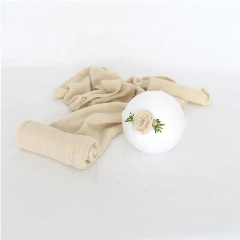 Beige Baby Stretch Wraps Newborn Knitted Blanket and Headbands Cute Flower Wear Stretchy Layer New born Photography Props