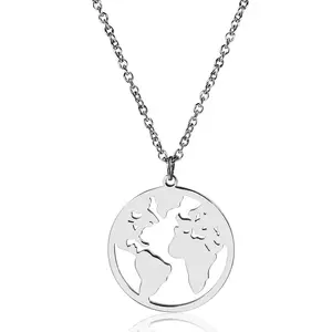 Grosir Globe continent kalung peta dunia, Kalung minimalis sederhana warna perak/emas/emas mawar baja tahan karat untuk pria dan wanita