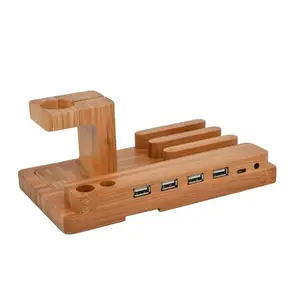 USB Charging Dock Station Bamboo Wood Charger Stand Cradle Compatible For Apples