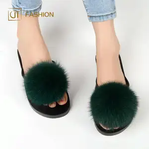 Jtfur-chanclas peludas con pompón para mujer, pantuflas con plumas de pavo, de piel de zorro, para verano