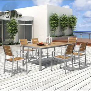 Juego de mesa y sillas de jardín de comedor de café al aire libre WPC de madera de plástico precioso moderno, muebles de patio de comedor de aluminio cepillado Bali