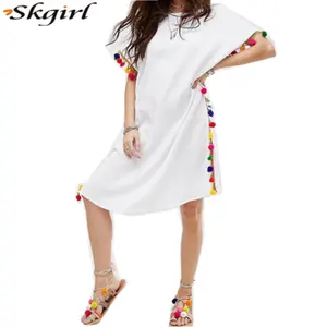 2022 popular white pom pom detail cotton beach kaftan