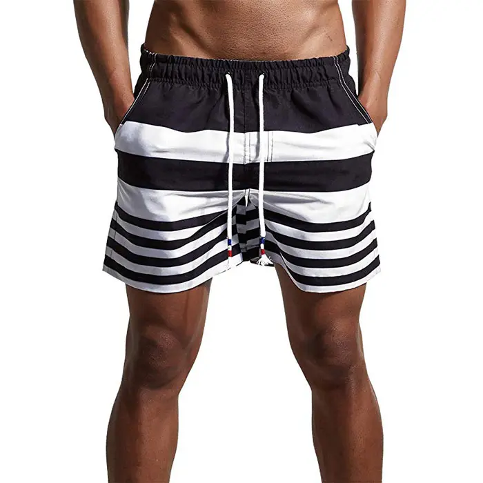 Mens Black And White Stripe Swim Trunks Quick Dry Casual Swim Shorts Brief Mesh lining 100 Polyester Shorts For Men