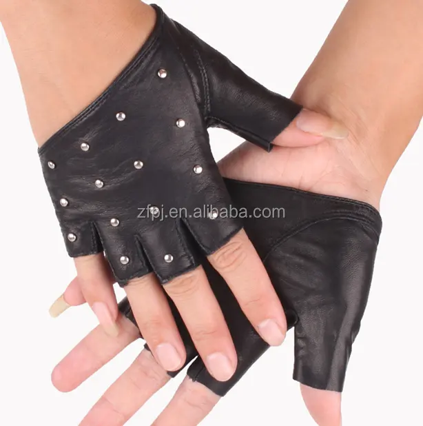 Navy fashion women short finger/fingerless leather gloves with fashion studs leather gloves