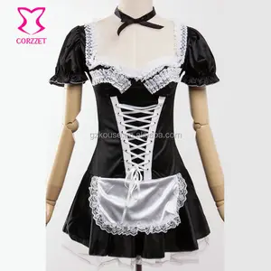 Corzzet Schwarz Satin Halloween Sexy Frauen Maid Uniform Cosplay Kostüm