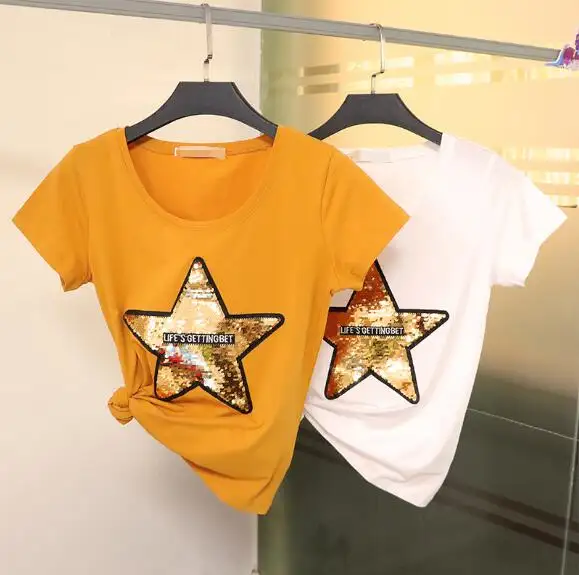 Camisetas reflexivas para mulheres, em massa, lantejoulas, estrela, camiseta reversível, lantejoulas, camiseta bordada personalizada, como seu design