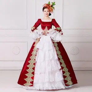 Ecoparty 维多利亚时代的哥特式红色缎长袖蕾丝荷叶边文艺复兴时期的服装剧院服装