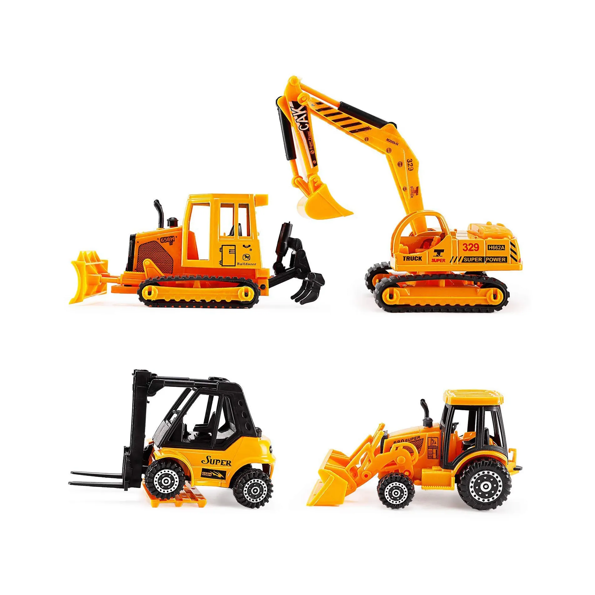 Set von 4 Bau Fahrzeuge Diecast Metall Spielzeug Spielen set Gabelstapler, Bulldozer, Bagger, Traktor