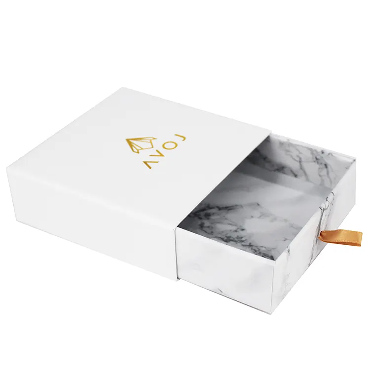 Cajón de papel blanco con logotipo personalizado, caja de joyería con estampado de mármol, bonito Paquete de joyería