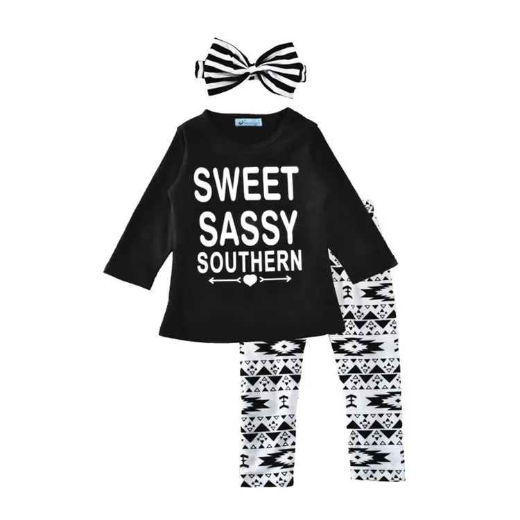 Niñas trajes boutique bling polainas ropa conjuntos niños camiseta negra Feliz Año Nuevo equipo con diadema