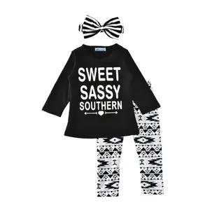 Girls outfits boutique bling bling leggings clothing sets children black t-shirt happy new year outfit with headband