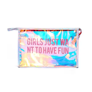 New Fashion Waterproof lady Beach travel Makeup Jewelry Zipper Promotion Printed Holographic Clear PVC Glitter Cosmetic Bag