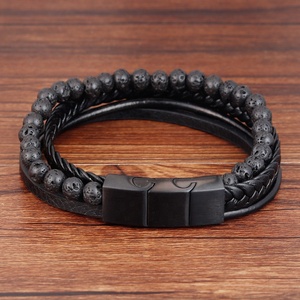 Pulsera de cuero negra con cuentas de meteorito natural para hombre, superventas, 2019 para <span class=keywords><strong>Amazon</strong></span> - Product Image 1