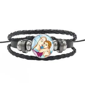 High Quality Christian Virgin Mary Crystal Leather Bracelet Bangle For Women Men Religion Jewelry