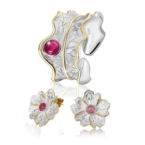 925 Sterling silver Natural Tourmaline Peony Flower Stone Jewelry Set for Women Ladies