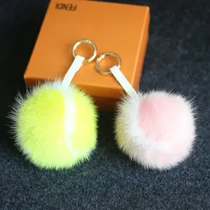 New products extra large real fur mink throw pom pom plush key ring tennis ball key chain