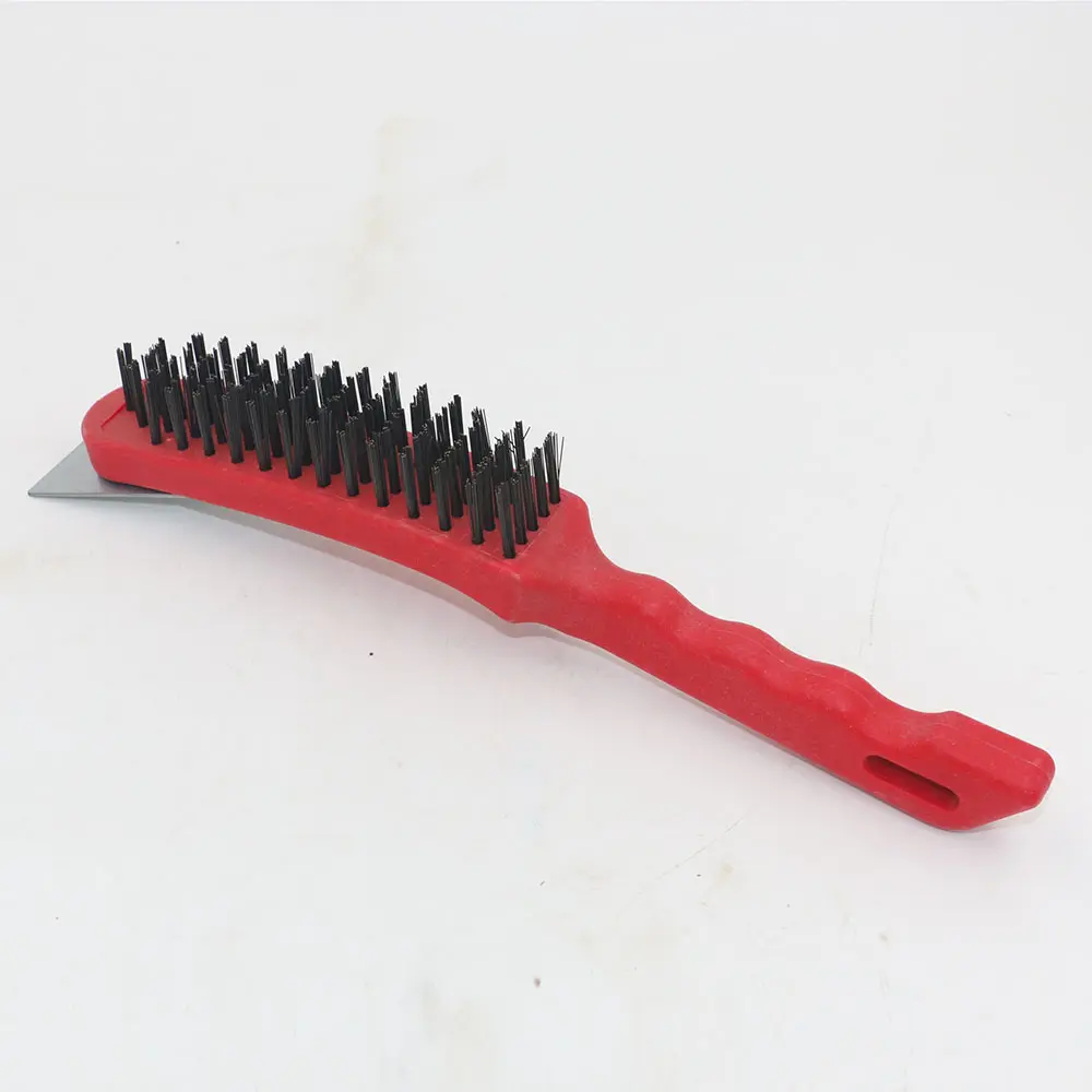 Cepillo de alambre de acero con mango de plástico rojo, cepillo de alambre de acero al carbono