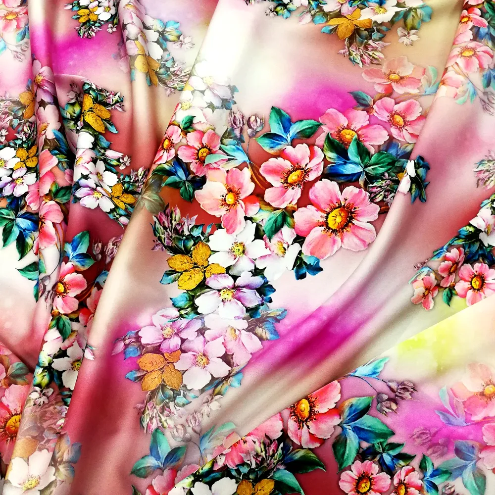 Digital print polyester satin fabric similar to pure silk for women