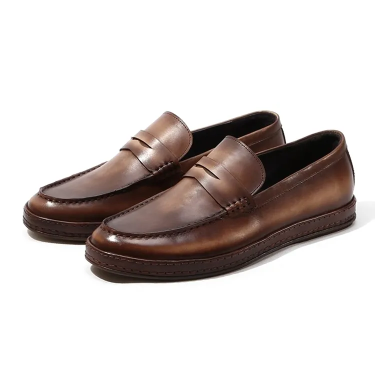 Sepatu pantofel pria kulit asli, sepatu Loafer bisnis kasual kulit asli, pantofel China untuk pria, sepatu karet coklat