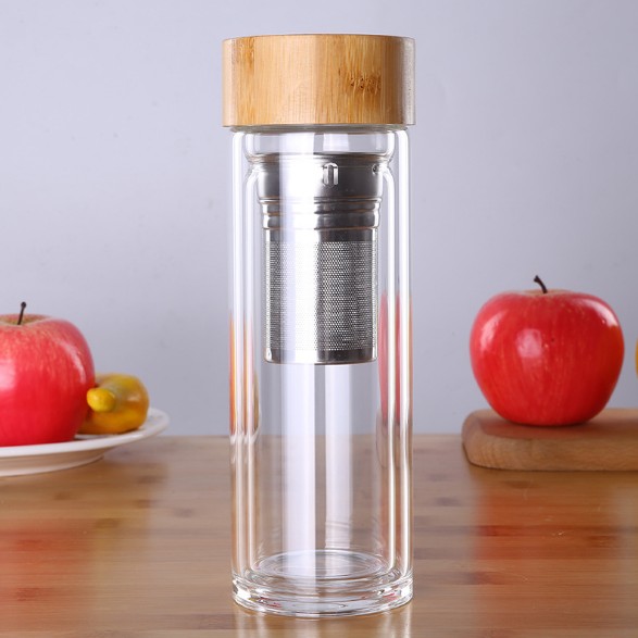Borosilicate Glass Water Bottle Wide Mouth with Bamboo Lid Double Wall Water Glass Cup